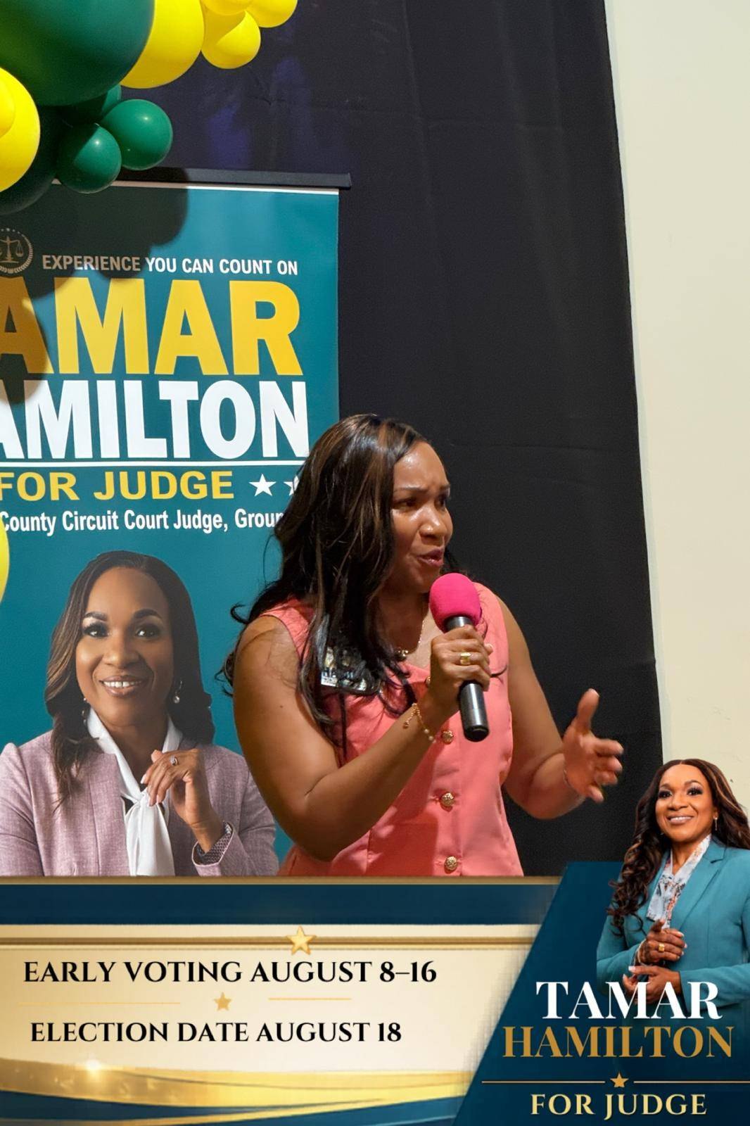 Tamar Hamilton speaking at a campaign event