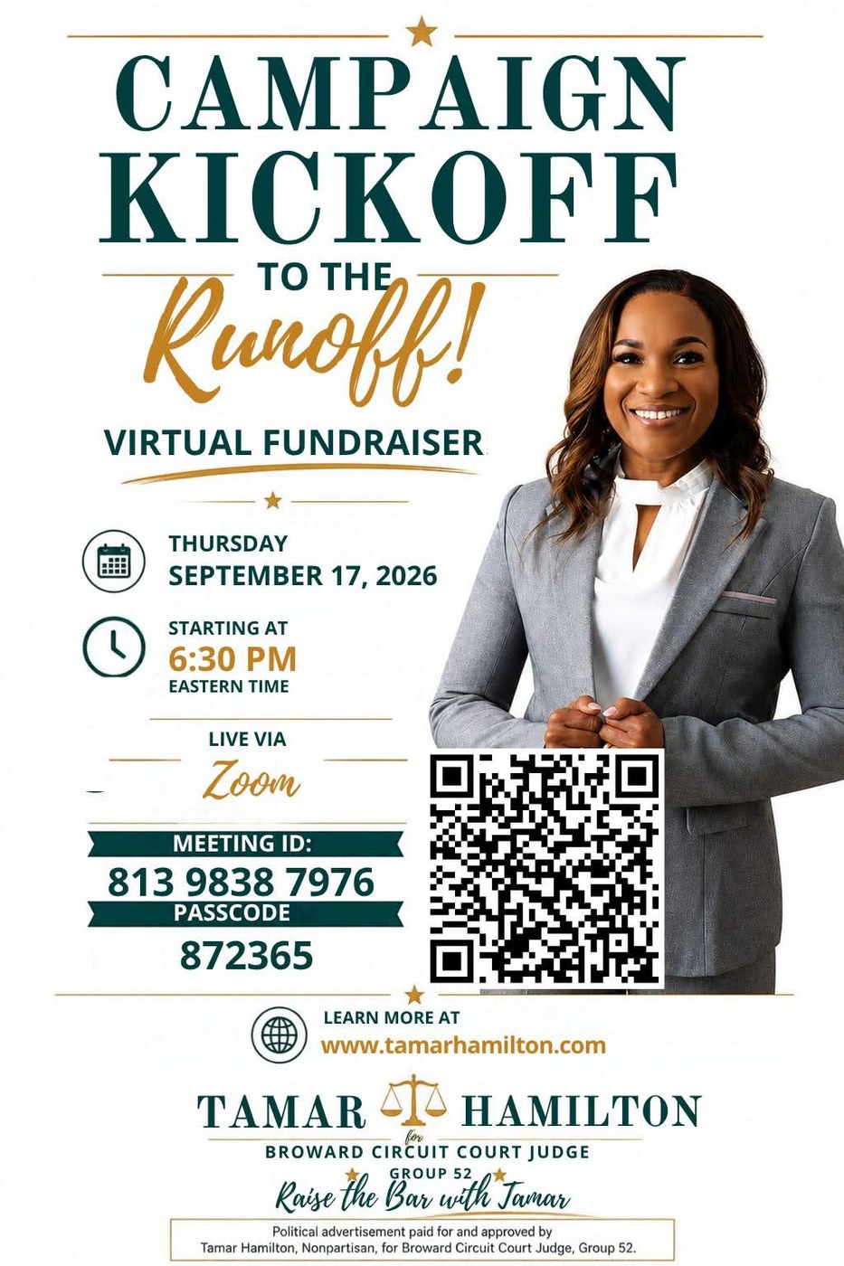 Campaign Kickoff to the Runoff: virtual campaign kickoff for Tamar Hamilton, Thursday September 17, 2026 at 6:30 PM Eastern, live via Zoom